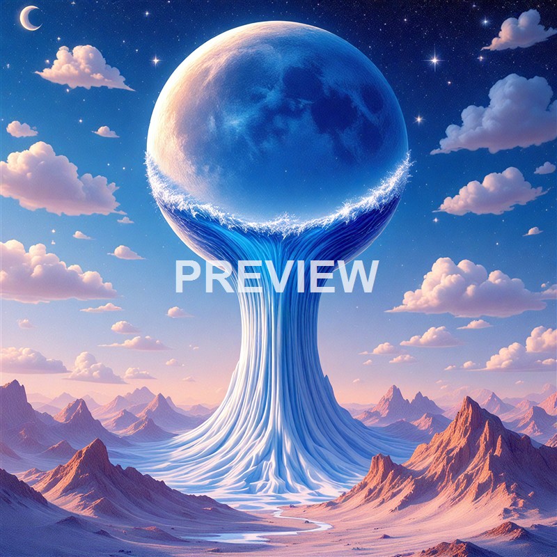 A surreal landscape featuring a giant, water-like structure rising from the ground and supporting a large, glowing moon-like sphere in the sky, with mountains and clouds in the background.